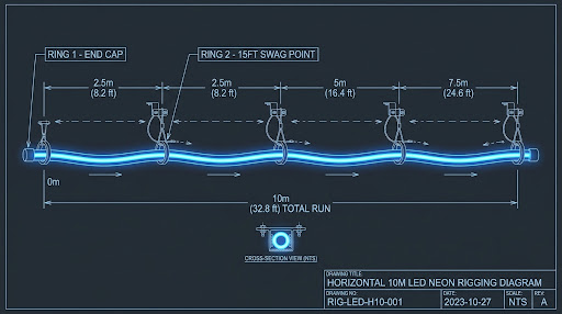 Blueprint style technical drawing showing a horizontal 10m LED neon rigging diagram with suspension points marked at specific intervals.