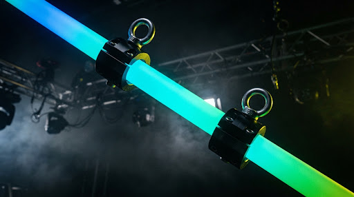 LED Neon Tube suspended by black clamp rings and wire ropes in a dark stage environment.