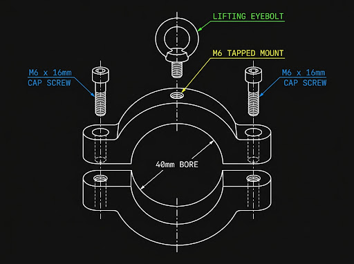 Technical illustration showing an exploded view of a two-piece clamp collar, two M6 screws, and a lifting eyebolt on a dark background.